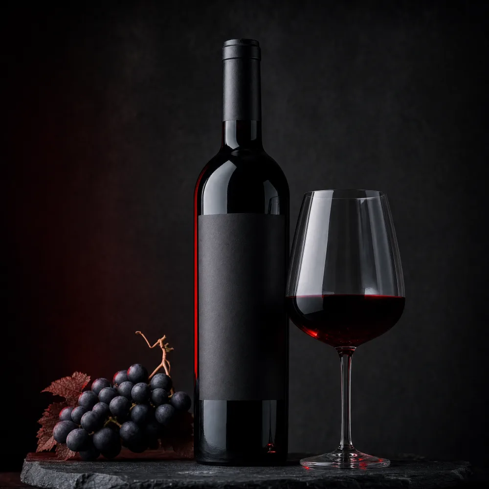 Botella y copa de vino tinto